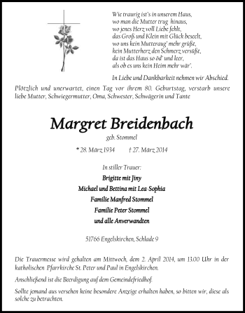 Anzeige von Margret Breidenbach von Kölner Stadt-Anzeiger / Kölnische Rundschau / Express