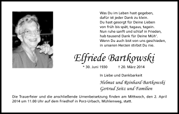 Anzeige von Elfriede Bartkowski von Kölner Stadt-Anzeiger / Kölnische Rundschau / Express