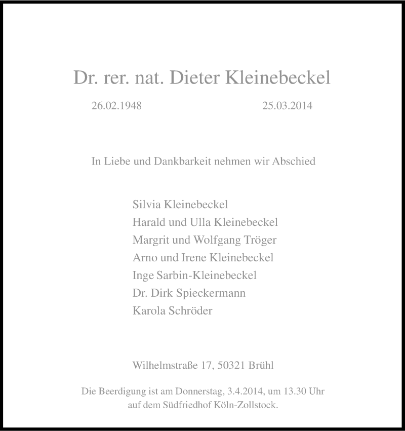  Traueranzeige für Dieter Kleinebeckel vom 29.03.2014 aus Kölner Stadt-Anzeiger / Kölnische Rundschau / Express