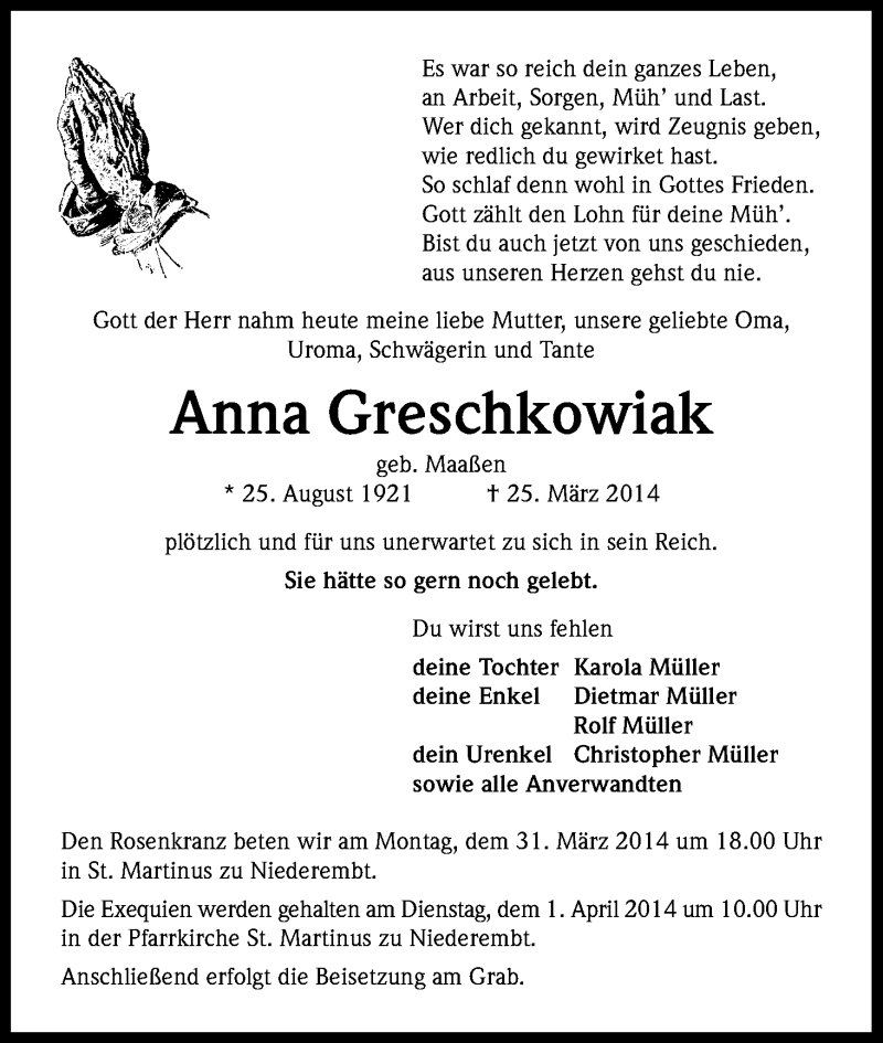  Traueranzeige für Anna Greschkowiak vom 29.03.2014 aus Kölner Stadt-Anzeiger / Kölnische Rundschau / Express