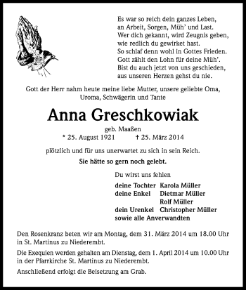 Anzeige von Anna Greschkowiak von Kölner Stadt-Anzeiger / Kölnische Rundschau / Express