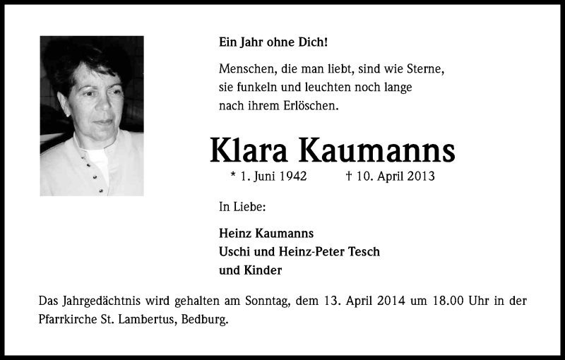  Traueranzeige für Klara Kaumanns vom 05.04.2014 aus Kölner Stadt-Anzeiger / Kölnische Rundschau / Express