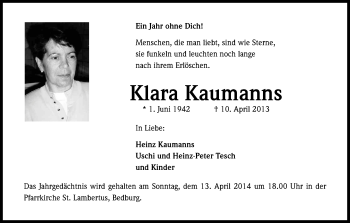 Anzeige von Klara Kaumanns von Kölner Stadt-Anzeiger / Kölnische Rundschau / Express