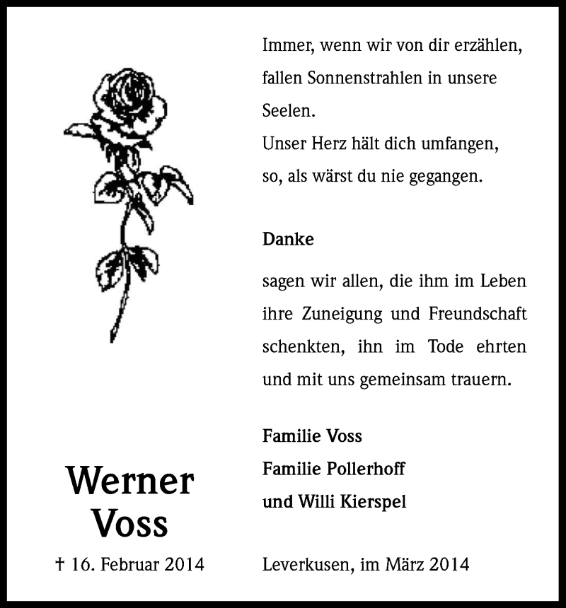  Traueranzeige für Werner Voss vom 29.03.2014 aus Kölner Stadt-Anzeiger / Kölnische Rundschau / Express