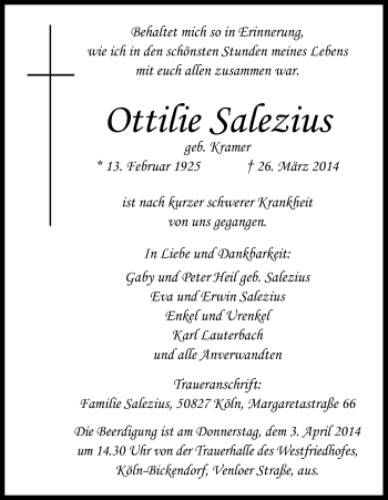 Anzeige von Ottilie Salezius von Kölner Stadt-Anzeiger / Kölnische Rundschau / Express