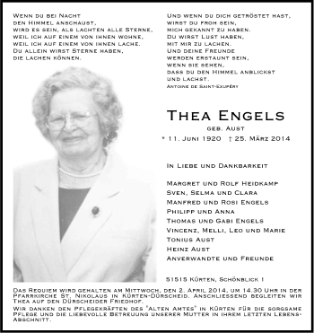 Anzeige von Thea Engels von Kölner Stadt-Anzeiger / Kölnische Rundschau / Express