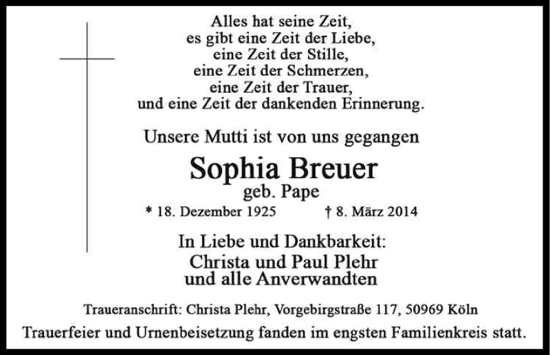  Traueranzeige für Sophia Breuer vom 29.03.2014 aus Kölner Stadt-Anzeiger / Kölnische Rundschau / Express