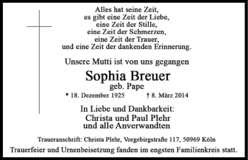 Anzeige von Sophia Breuer von Kölner Stadt-Anzeiger / Kölnische Rundschau / Express