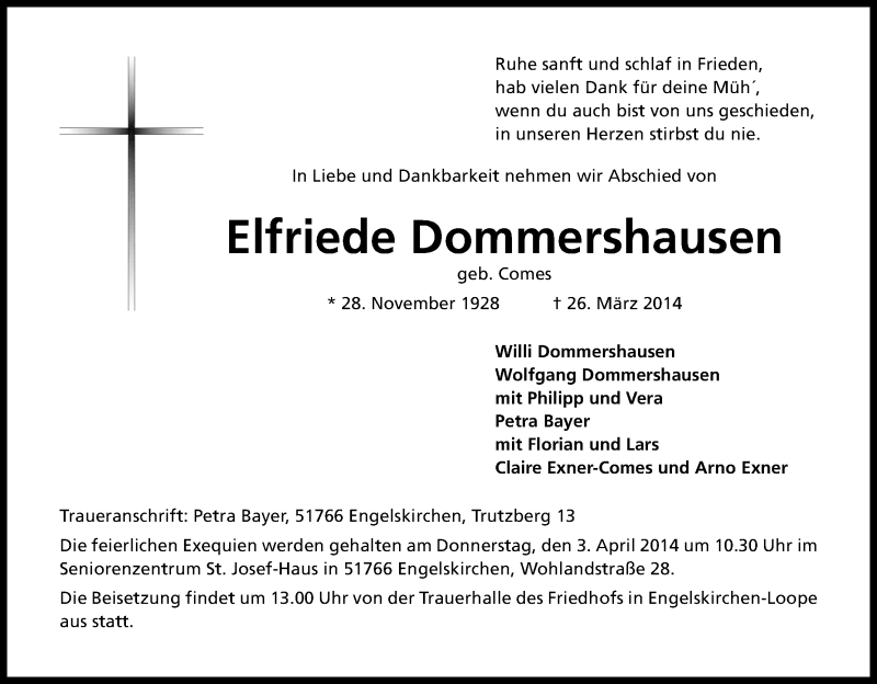  Traueranzeige für Elfriede Dommershausen vom 29.03.2014 aus Kölner Stadt-Anzeiger / Kölnische Rundschau / Express