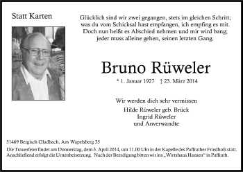 Anzeige von Bruno Rüweler von Kölner Stadt-Anzeiger / Kölnische Rundschau / Express