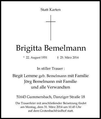 Anzeige von Brigitta Bemelmann von Kölner Stadt-Anzeiger / Kölnische Rundschau / Express