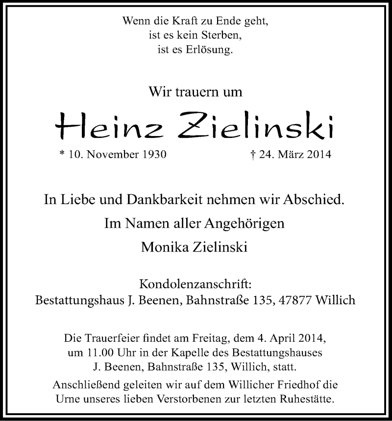  Traueranzeige für Heinz Zielinski vom 01.04.2014 aus Kölner Stadt-Anzeiger / Kölnische Rundschau / Express
