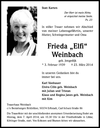 Anzeige von Frieda Weinbach von Kölner Stadt-Anzeiger / Kölnische Rundschau / Express