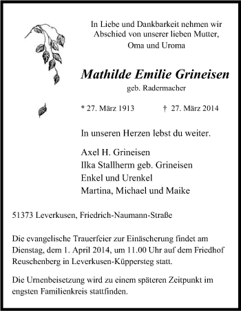 Anzeige von Mathilde Emilie Grineisen von Kölner Stadt-Anzeiger / Kölnische Rundschau / Express
