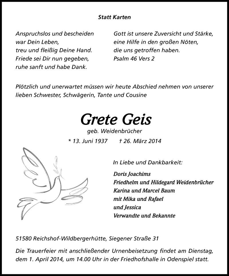  Traueranzeige für Grete Geis vom 29.03.2014 aus Kölner Stadt-Anzeiger / Kölnische Rundschau / Express
