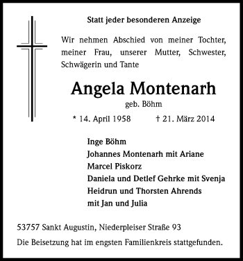 Anzeige von Angela Montenarh von Kölner Stadt-Anzeiger / Kölnische Rundschau / Express