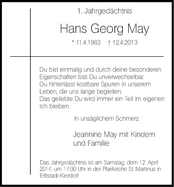 Anzeige von Hans Georg May von Kölner Stadt-Anzeiger / Kölnische Rundschau / Express