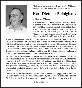Anzeige von Dietmar Reinighaus von Kölner Stadt-Anzeiger / Kölnische Rundschau / Express