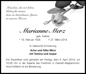 Anzeige von Marianne Merz von Kölner Stadt-Anzeiger / Kölnische Rundschau / Express