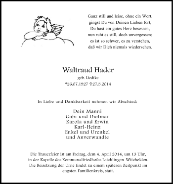 Anzeige von Waltraud Hader von Kölner Stadt-Anzeiger / Kölnische Rundschau / Express