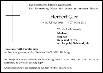 Anzeige von Herbert Gier von Kölner Stadt-Anzeiger / Kölnische Rundschau / Express