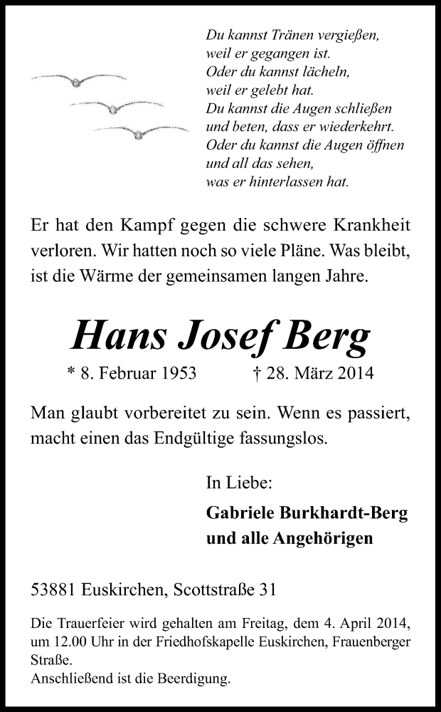  Traueranzeige für Hans Josef Berg vom 02.04.2014 aus Kölner Stadt-Anzeiger / Kölnische Rundschau / Express
