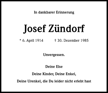 Anzeige von Josef Zündorf von Kölner Stadt-Anzeiger / Kölnische Rundschau / Express