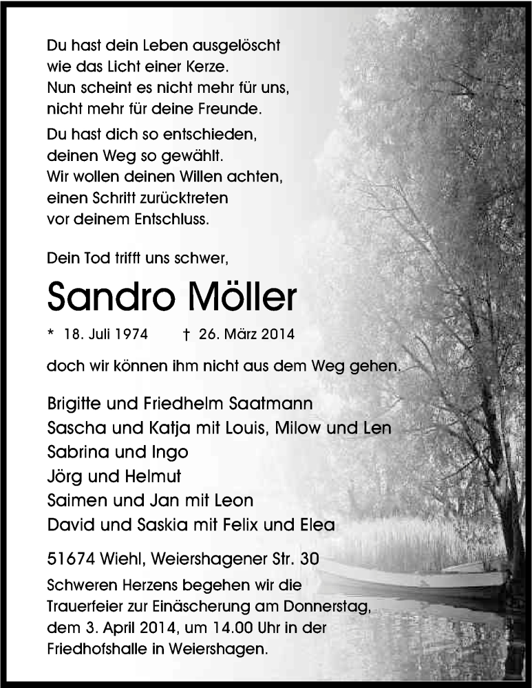  Traueranzeige für Sandro Möller vom 31.03.2014 aus Kölner Stadt-Anzeiger / Kölnische Rundschau / Express