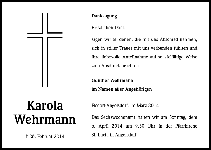  Traueranzeige für Karola Wehrmann vom 02.04.2014 aus Kölner Stadt-Anzeiger / Kölnische Rundschau / Express