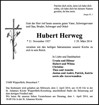 Anzeige von Hubert Herweg von Kölner Stadt-Anzeiger / Kölnische Rundschau / Express