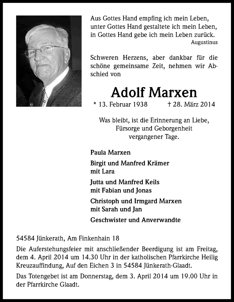  Traueranzeige für Adolf Marxen vom 01.04.2014 aus Kölner Stadt-Anzeiger / Kölnische Rundschau / Express