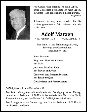 Anzeige von Adolf Marxen von Kölner Stadt-Anzeiger / Kölnische Rundschau / Express
