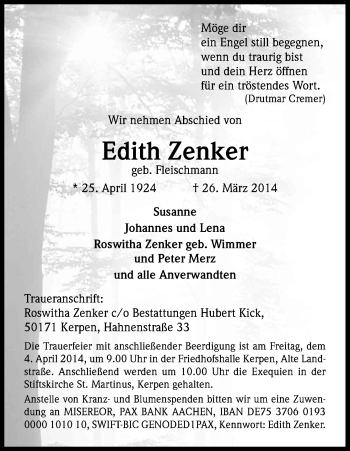 Anzeige von Edith Zenker von Kölner Stadt-Anzeiger / Kölnische Rundschau / Express