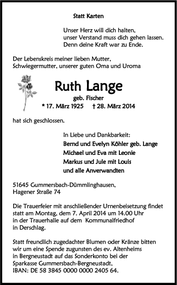 Anzeige von Ruth Lange von Kölner Stadt-Anzeiger / Kölnische Rundschau / Express