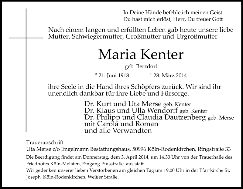  Traueranzeige für Maria Kenter vom 01.04.2014 aus Kölner Stadt-Anzeiger / Kölnische Rundschau / Express