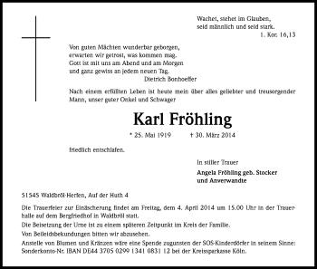 Anzeige von Karl Fröhling von Kölner Stadt-Anzeiger / Kölnische Rundschau / Express