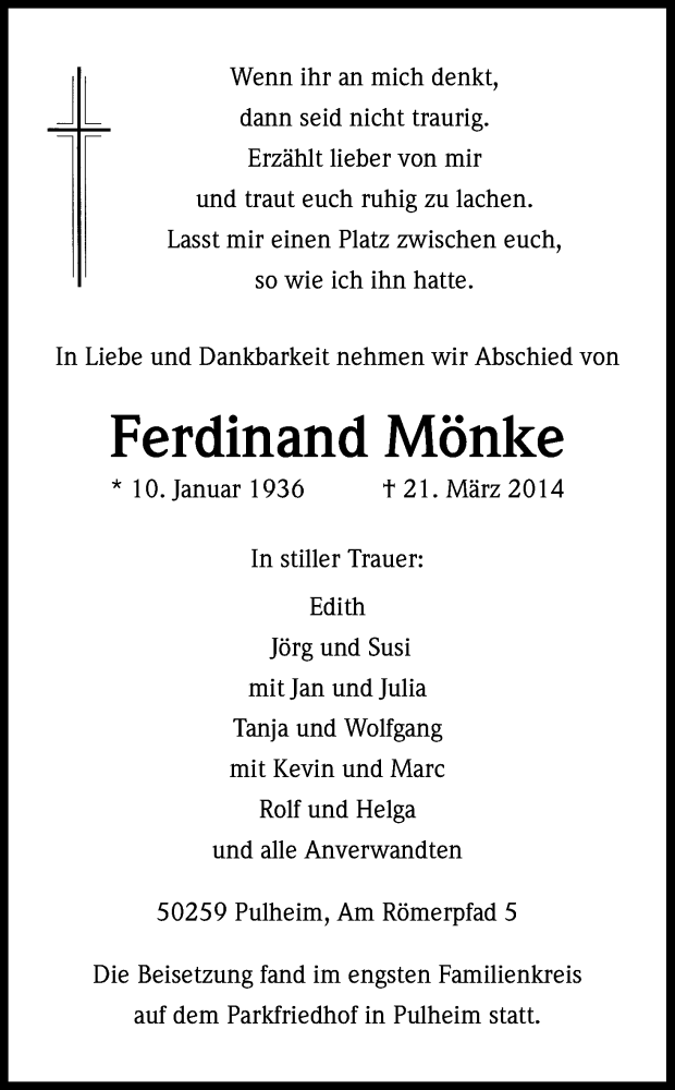  Traueranzeige für Ferdinand Mönke vom 02.04.2014 aus Kölner Stadt-Anzeiger / Kölnische Rundschau / Express
