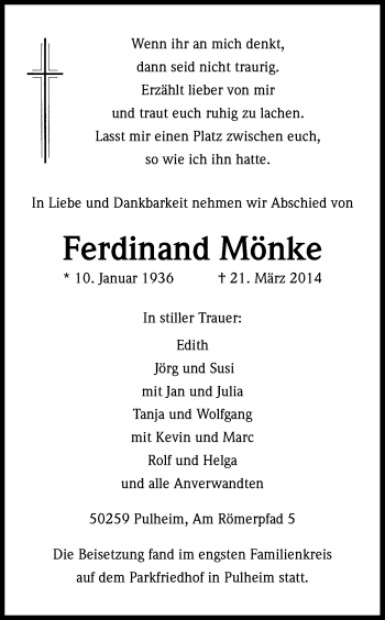 Anzeige von Ferdinand Mönke von Kölner Stadt-Anzeiger / Kölnische Rundschau / Express