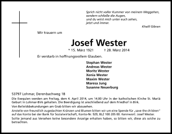 Anzeige von Josef Wester von Kölner Stadt-Anzeiger / Kölnische Rundschau / Express