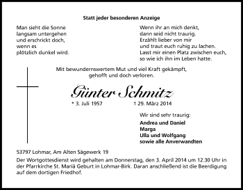 Anzeige von Günter Schmitz von Kölner Stadt-Anzeiger / Kölnische Rundschau / Express