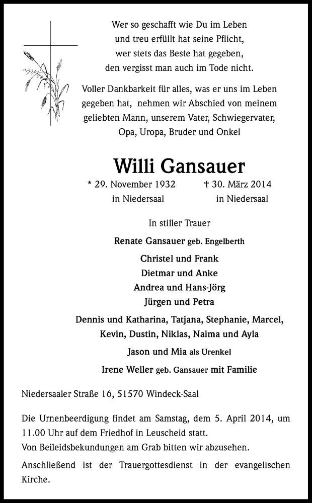  Traueranzeige für Willi Gansauer vom 01.04.2014 aus Kölner Stadt-Anzeiger / Kölnische Rundschau / Express