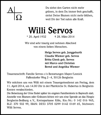 Anzeige von Willi Servos von Kölner Stadt-Anzeiger / Kölnische Rundschau / Express