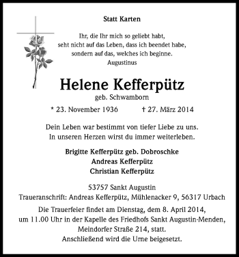 Anzeige von Helene Kefferpütz von Kölner Stadt-Anzeiger / Kölnische Rundschau / Express