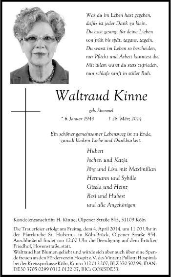 Anzeige von Waltraud Kinne von Kölner Stadt-Anzeiger / Kölnische Rundschau / Express