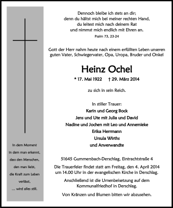 Anzeige von Heinz Ochel von Kölner Stadt-Anzeiger / Kölnische Rundschau / Express