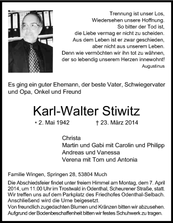 Anzeige von Karl-Walter Stiwitz von Kölner Stadt-Anzeiger / Kölnische Rundschau / Express