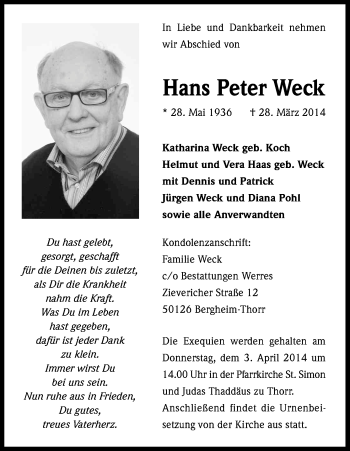 Anzeige von Hans Peter Weck von Kölner Stadt-Anzeiger / Kölnische Rundschau / Express