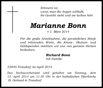 Anzeige von Marianne Bonn von Kölner Stadt-Anzeiger / Kölnische Rundschau / Express