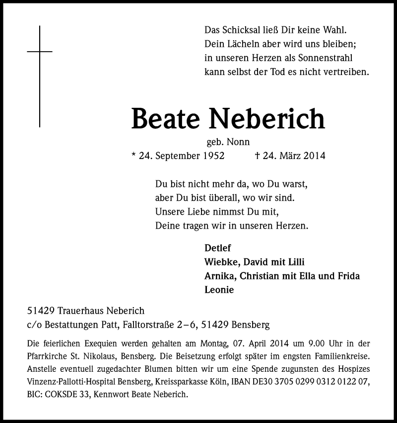  Traueranzeige für Beate Neberich vom 02.04.2014 aus Kölner Stadt-Anzeiger / Kölnische Rundschau / Express