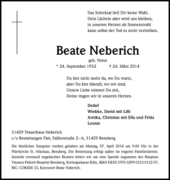 Anzeige von Beate Neberich von Kölner Stadt-Anzeiger / Kölnische Rundschau / Express
